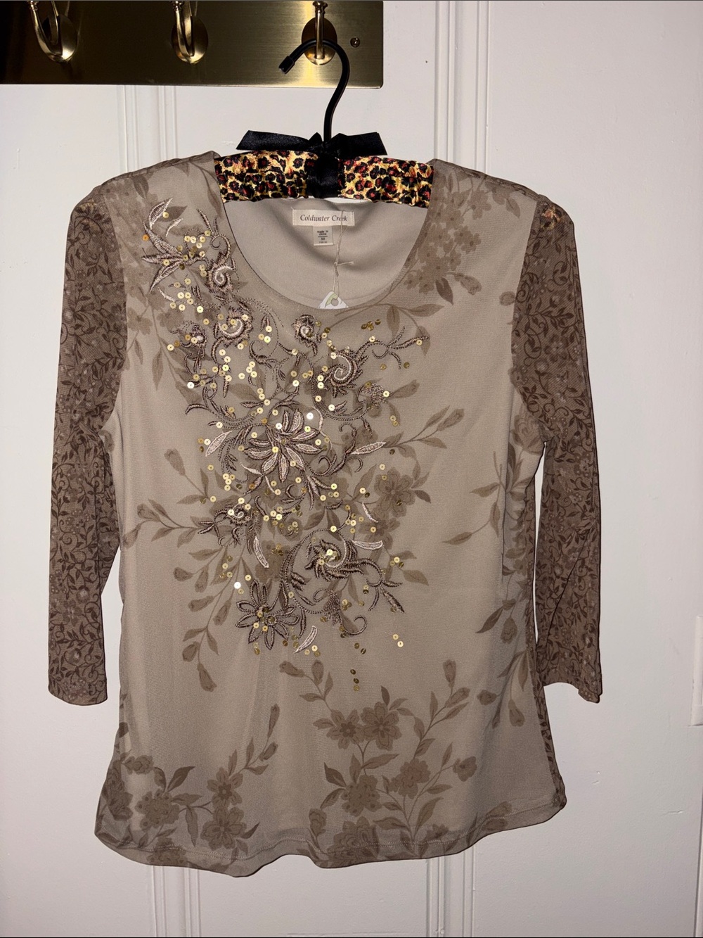 Coldwater Creek Taupe Floral Embellished Long Sleeve Tee - Picture 1 of 2